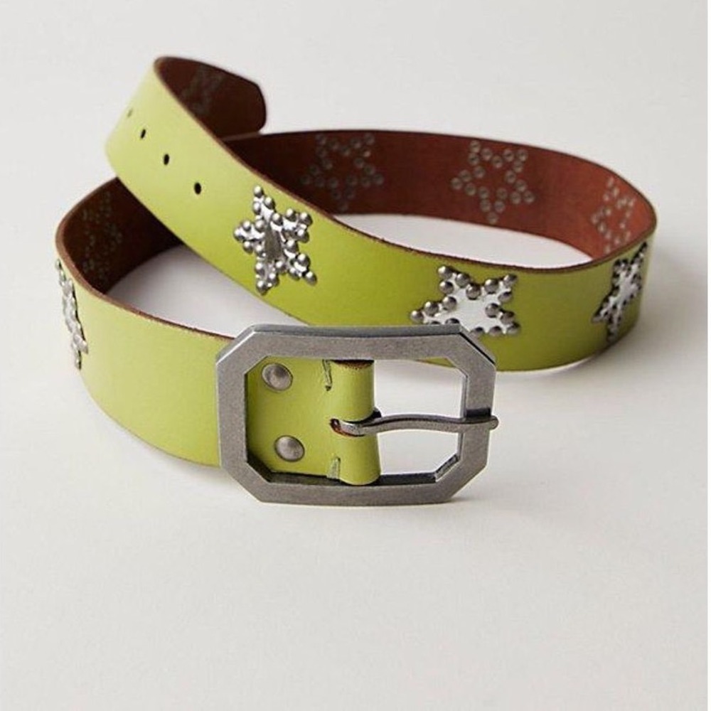 Free People We The Free Starcrossed Studded Leather Belt Limelight Green M/L NEW